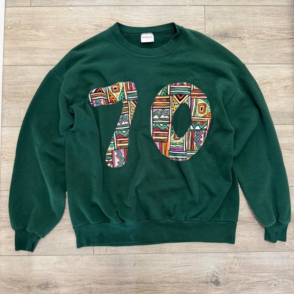 Vintage Sunbelt Sportswear Green Sweatshirt 70 Graphic Applique XL USA Made